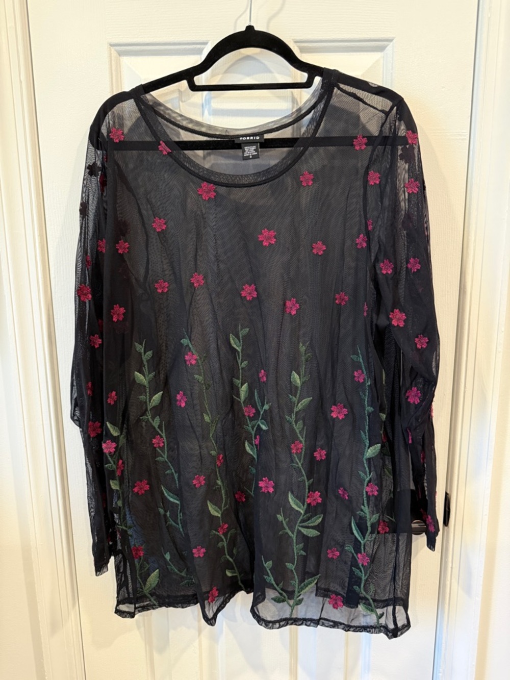 Torrid Black Sheer Mesh Top with red Floral Embroidery